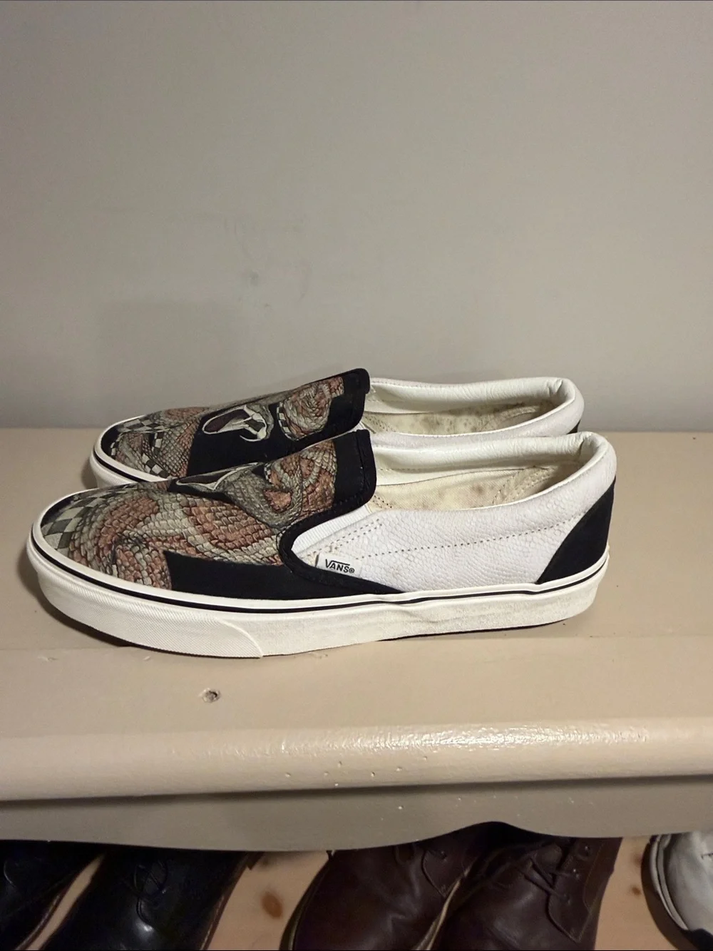 Vans Slip-On Loafers with Coiled Snake Graphic - Black, White, Brown